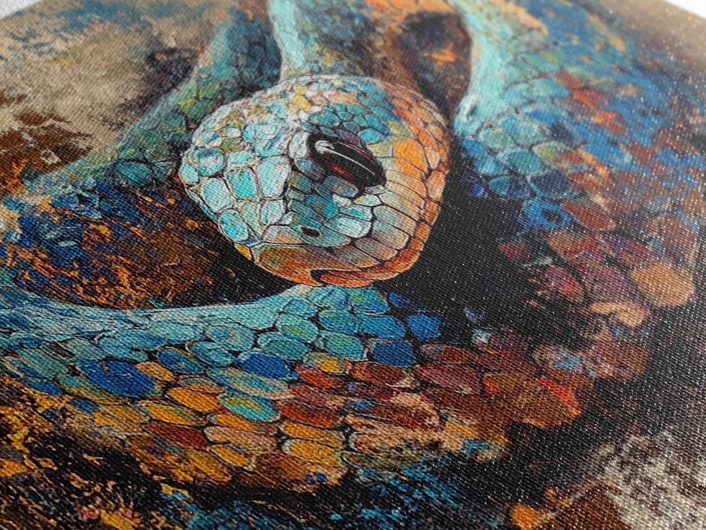 Blue Snake, abstract animal art, framed canvas print, moody art, wildlife painting, bold colors, rustic decor, modern wall art