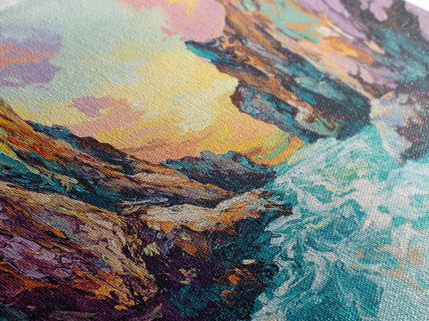 Sonnenuntergang in einer Küstenschlucht, Panoramagemälde, extra breites Kunstwerk, gerahmter Leinwanddruck, Seestück, Wandbild aus dem Südwesten