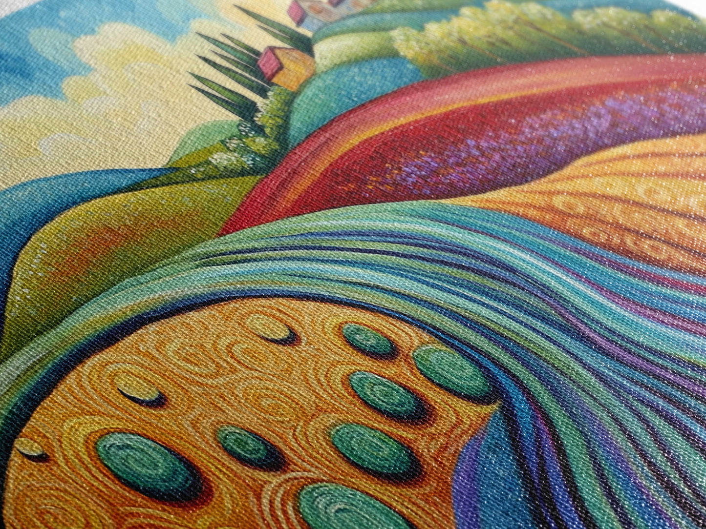 Whimsical Hills, rolling landscape, colorful fields, abstract nature, bold painting, extra wide art, Framed Canvas Print, rustic art