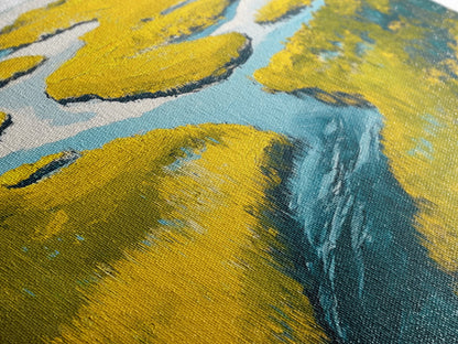 Marshland Landscape, marsh painting, landscape painting, above sofa art, extra wide art, panoramic art, Framed Canvas Print