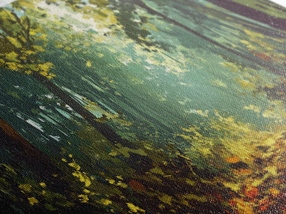 Forest Path, Sunlit Trees, Green Wall Art, Nature Landscape, Panoramic Painting, Rustic Wall Art, Framed Canvas Print