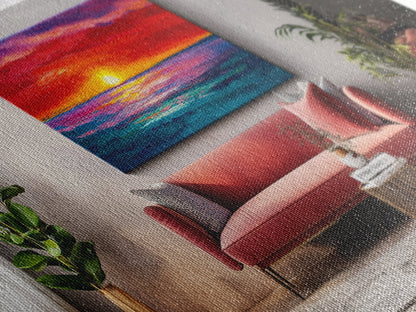Rote Couch, Sonnenuntergangsgemälde, Kunst für über dem Sofa, Küstenwandkunst, Stranddeko, Panoramabild, gerahmter Leinwanddruck, Wohnzimmerkunst