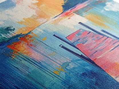 Lake Dock, sunset painting, nautical decor, coastal landscape art, wabi sabi art, extra wide art, rustic decor, Framed Canvas Print