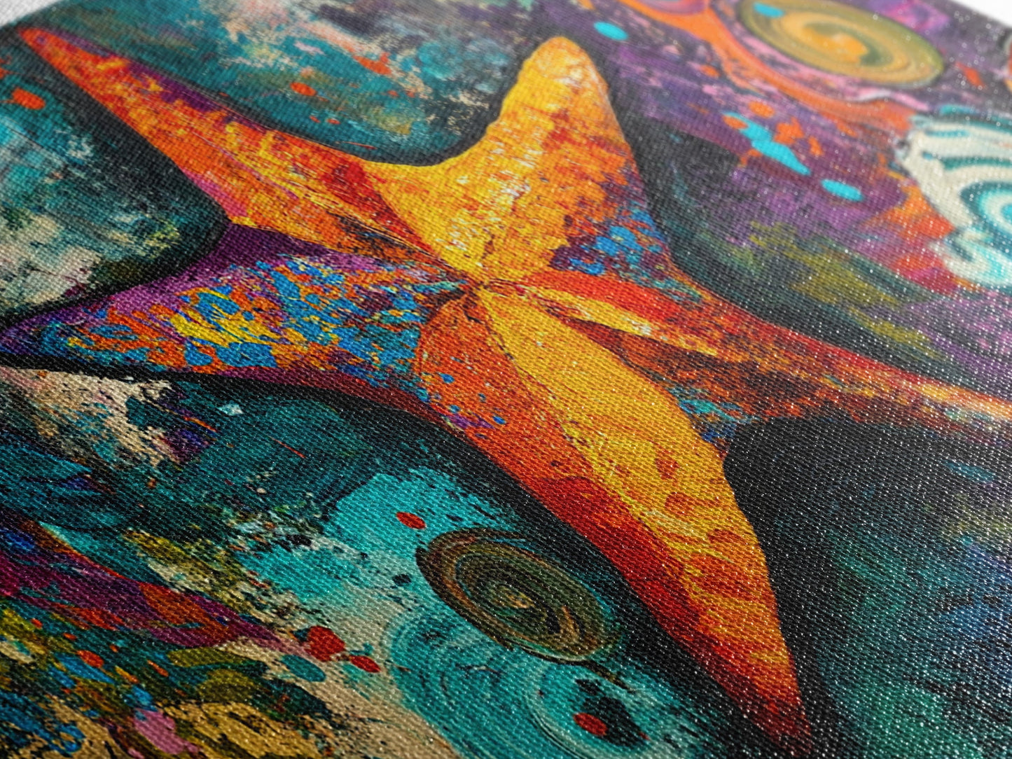 Lebendige Seesterne, abstraktes Küstenmotiv, maritime Dekoration, gerahmter Leinwanddruck, Meeresgemälde, Küstenmalerei, verspielte Kunst