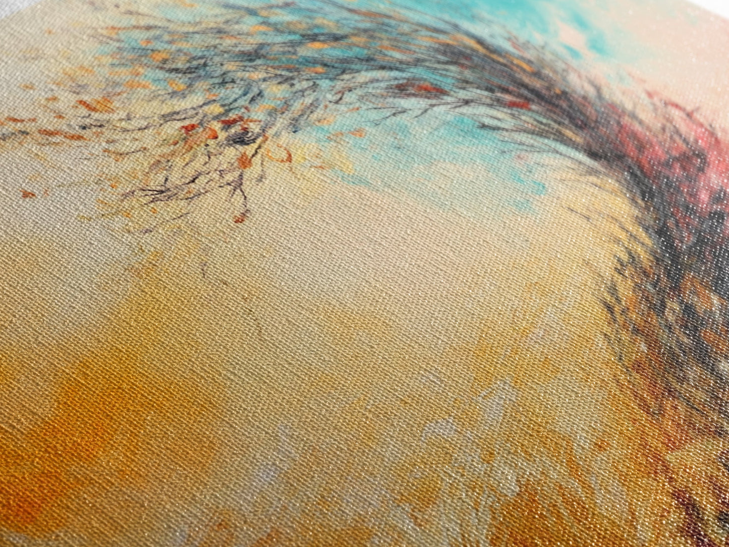 Windiger Herbst, gerahmter Leinwanddruck, Herbstwandbild, abstrakte Landschaft, extra breites Gemälde, Panoramabild, Herbstdekoration