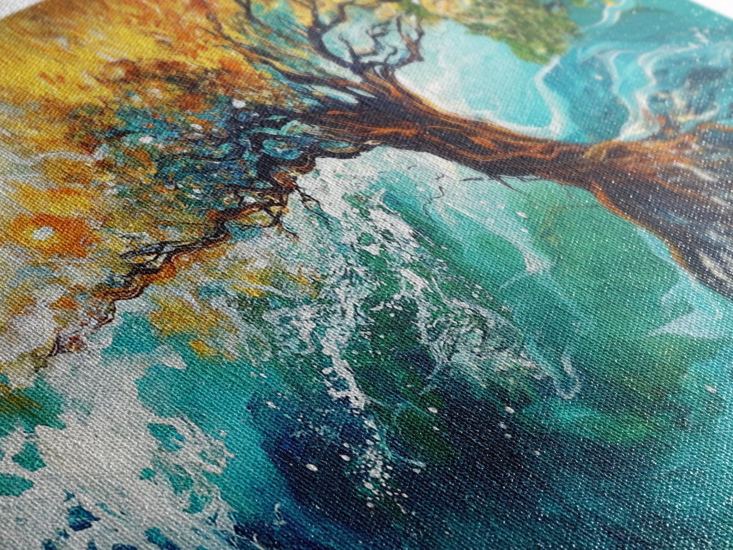 Tree in Waves, Canvas Print, coastal landscape art, wabi sabi art, extra wide painting, ocean painting, panoramic wall art