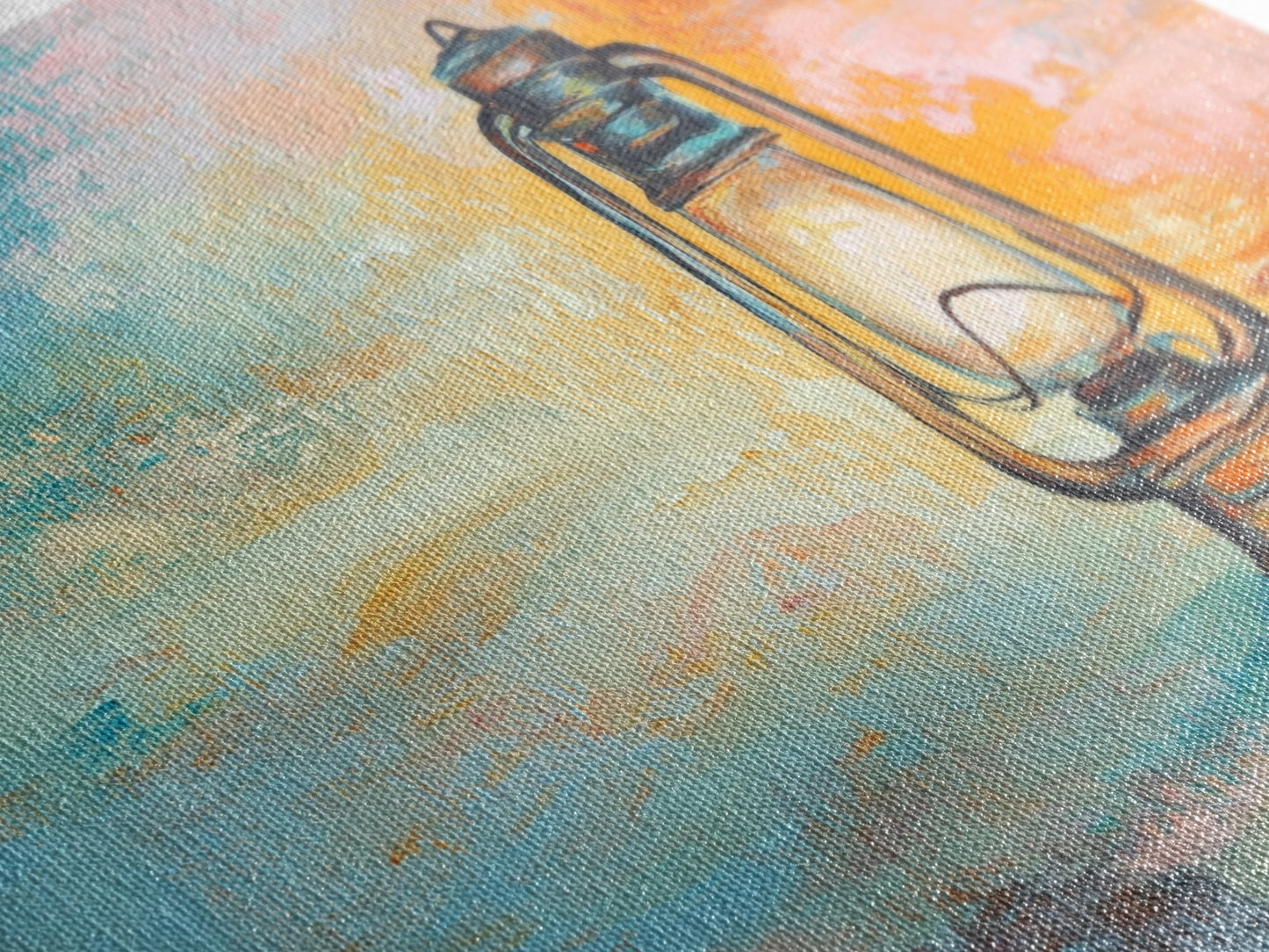 Lantern painting, rustic decor, farmhouse art, boho art, wabi sabi art, warm glow, extra wide art, framed canvas print, moody art