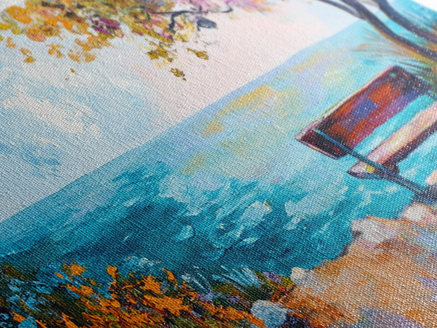 Bank, Meerblick, Herbstbaum, Leinwanddruck, Küstenlandschaftskunst, Seestückgemälde, Wandbild über dem Bett, extra breites Kunstwerk