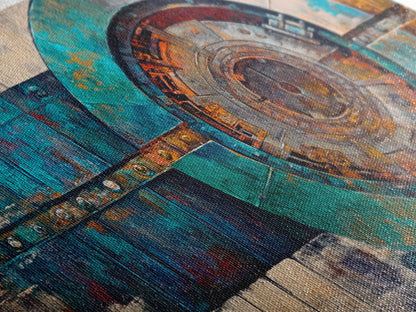 Industrieller Tresorraum, Steampunk-Wandkunst, Mechanische Wandkunst, Extra breite Kunstwerke, Horizontale Wandkunst, Gerahmter Leinwanddruck, Wohnzimmerkunst, Stimmungsvolle Kunst