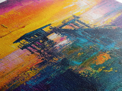 Sunset Pier Painting, Coastal Landscape Art, Vibrant Seascape, Nautical Wall Art, Bold Color Decor, Framed Canvas Print