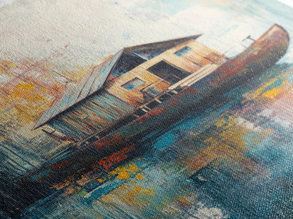 Floating House Painting, Lakefront Scene, Rustic Boat Art, Tranquil Landscape, Water Reflection Art, Framed Canvas Print