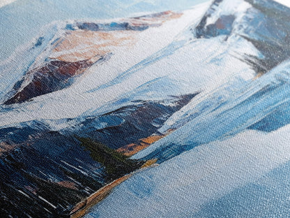 Snowy Mountain Lake, mountain painting, landscape painting, lake Tahoe art, extra wide art, panoramic art, Canvas Print