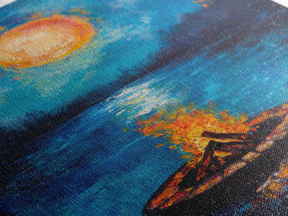 Campfire, Moonlight, Reflection, Framed Canvas Print, landscape painting, moody art, rustic wall art, blue and green wall art, bedroom art