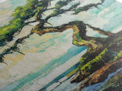 bonsai tree painting, zen wall art, coastal landscape art, blue and green wall art, wabi sabi art, Framed Canvas Print, botanical prints