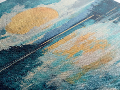 Moon Oil Painting, Smoky Mountain Art, Wabi Sabi Wall Art, Framed Canvas Print, Moody Art, Blue and Green Wall Art, Above Sofa Art