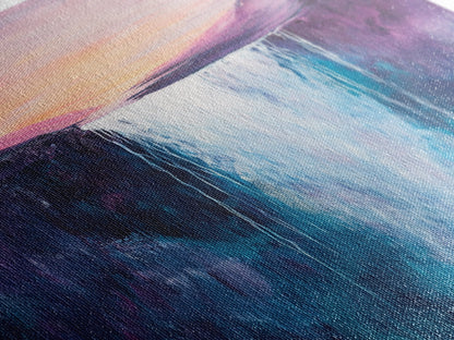 Waterfall Sunset, Moody Art, Mountain Painting, Landscape Painting, Pink Orange Wall Art, Above Couch Art, Canvas Print