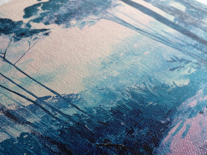 Misty Forest, moody art, birch tree art, pine tree art, landscape painting, gift idea for her, Framed Canvas Print, bedroom art