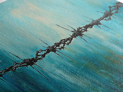 Barbed Wire Minimalist Painting, Blue and Black Modern Wall Art, Industrial Urban Aesthetic, Bold Statement Office, Canvas Print