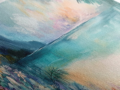 Tropical Beach Paradise Framed Canvas Print, Vibrant Ocean Wall Art, Hawaii Sunset Painting, Coastal Living Room Decor, Relaxing Art