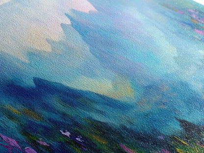 Alpine Sunrise Framed Canvas Print - Misty Mountain Wall Art, Nature Landscape Painting, Warm Toned Home Decor, Living Room Accent