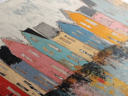 Coastal Village Houses Framed Canvas Print Colorful Seaside Town Painting Rustic Home Wall Art Nautical Decor Large Wall Art