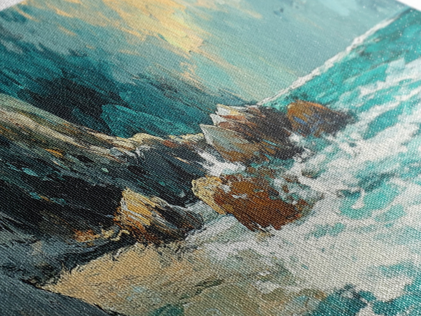 Ocean Cliffside Painting Coastal Rocky Beach Wall Art Dramatic Seascape Artwork Nautical Home Decor Dining Room