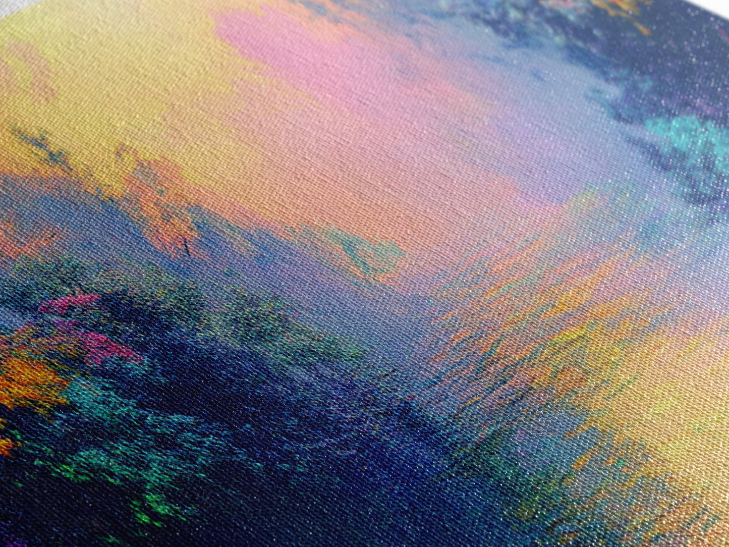 Vibrant Sunset River Framed Canvas Print, Colorful Nature Art, Dreamy Landscape Painting, Living Room Wall Art, Boho Sunset Decor