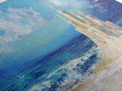 Fantasy Sandcastle Seascape Framed Canvas Print, Beach House Wall Art, Nautical Painting, Whimsical Ocean Scene, Kids Room Decor