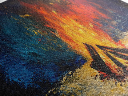 Fiery Campfire Night Canvas Print Rustic Outdoor Wall Art Cozy Bonfire Painting Autumn Cabin Decor Warm Wilderness Gift