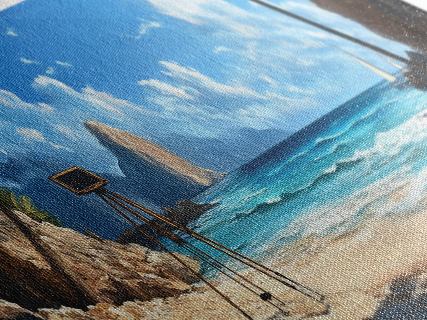 Tropical Beach Framed Canvas Print, Seaside Paradise Wall Art, Coastal Landscape Painting, Ocean View Decor, Office Art