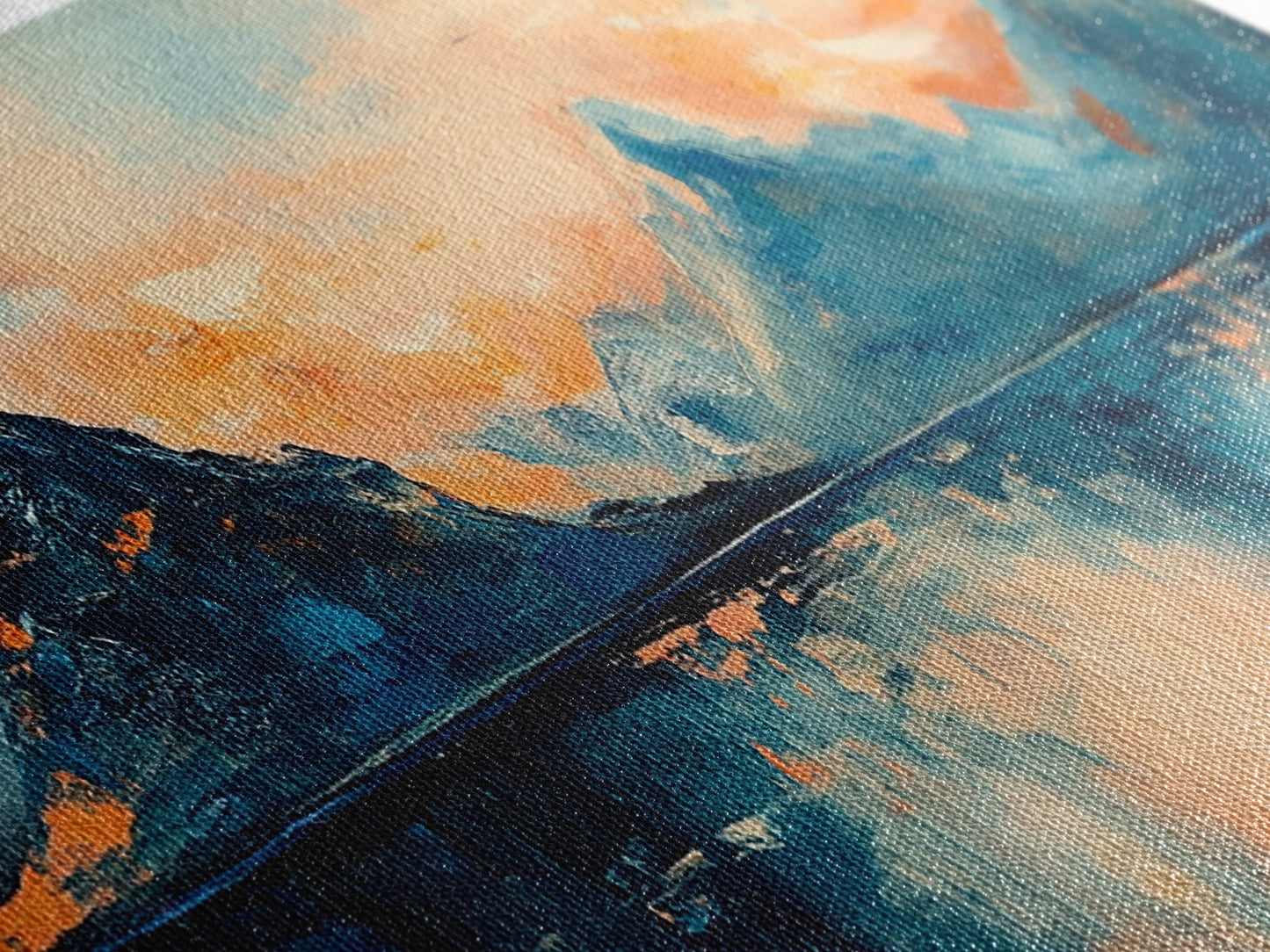 Mountain Reflections at Sunset Wall Art, Abstract Landscape Painting, Blue and Orange Artwork, Statement Piece, Office