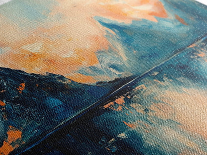 Mountain Reflections at Sunset Wall Art, Abstract Landscape Painting, Blue and Orange Artwork, Statement Piece, Office