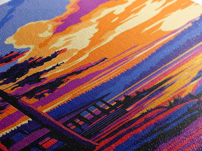 Sunset Cabin, Nature Art, Autumn Decor, Framed Canvas Print, Rustic Wall Art, Cozy Home Decor, Lake House Art, Landscape Painting