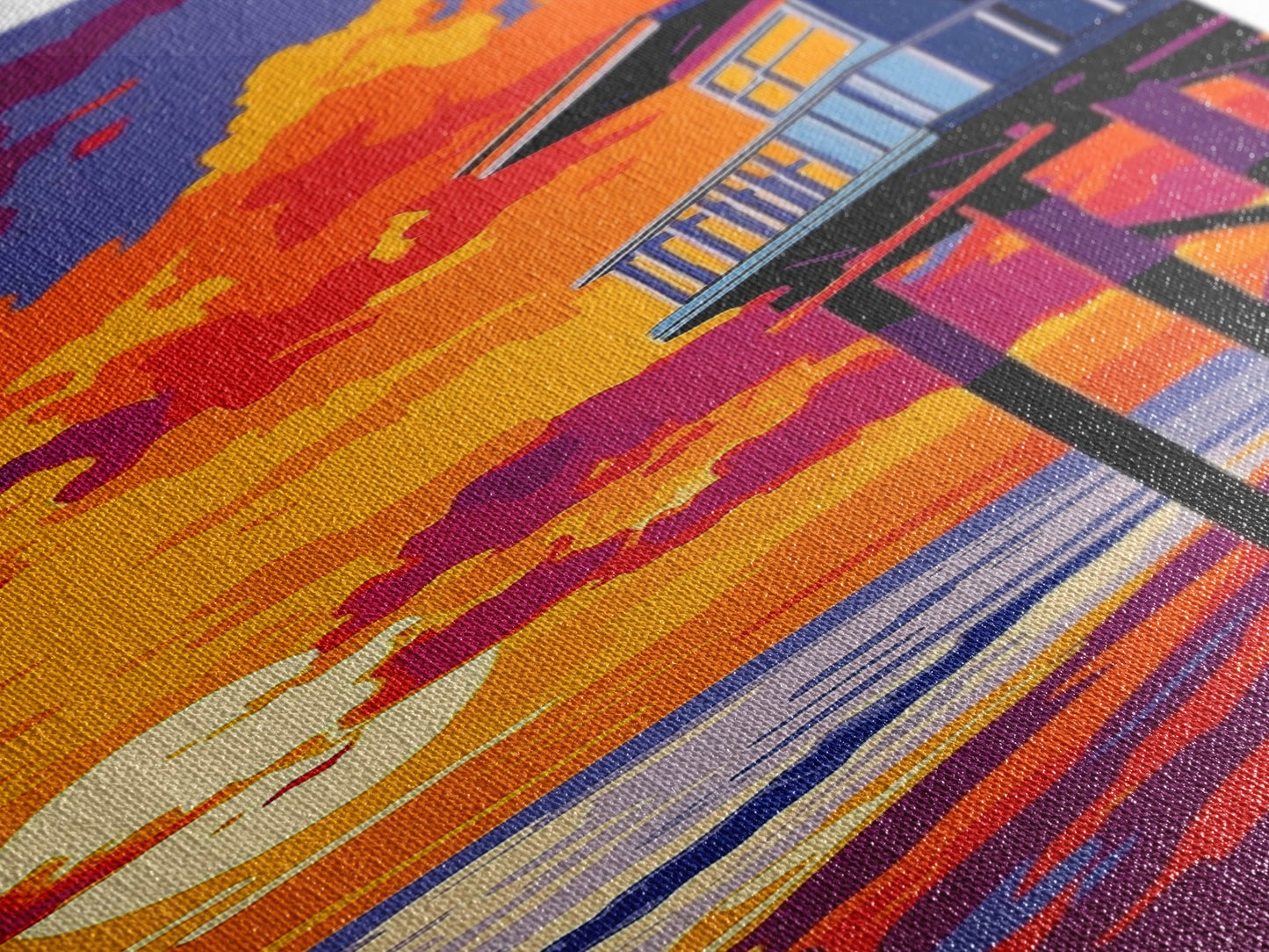 Lifeguard Tower, Ocean Sunset, Beach House Art, Framed Canvas Print, Coastal Wall Decor, Vibrant Seascape Painting, Nautical Decor