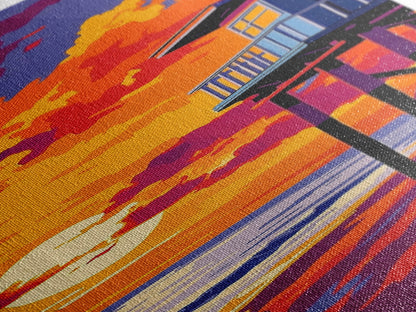 Lifeguard Tower, Ocean Sunset, Beach House Art, Framed Canvas Print, Coastal Wall Decor, Vibrant Seascape Painting, Nautical Decor