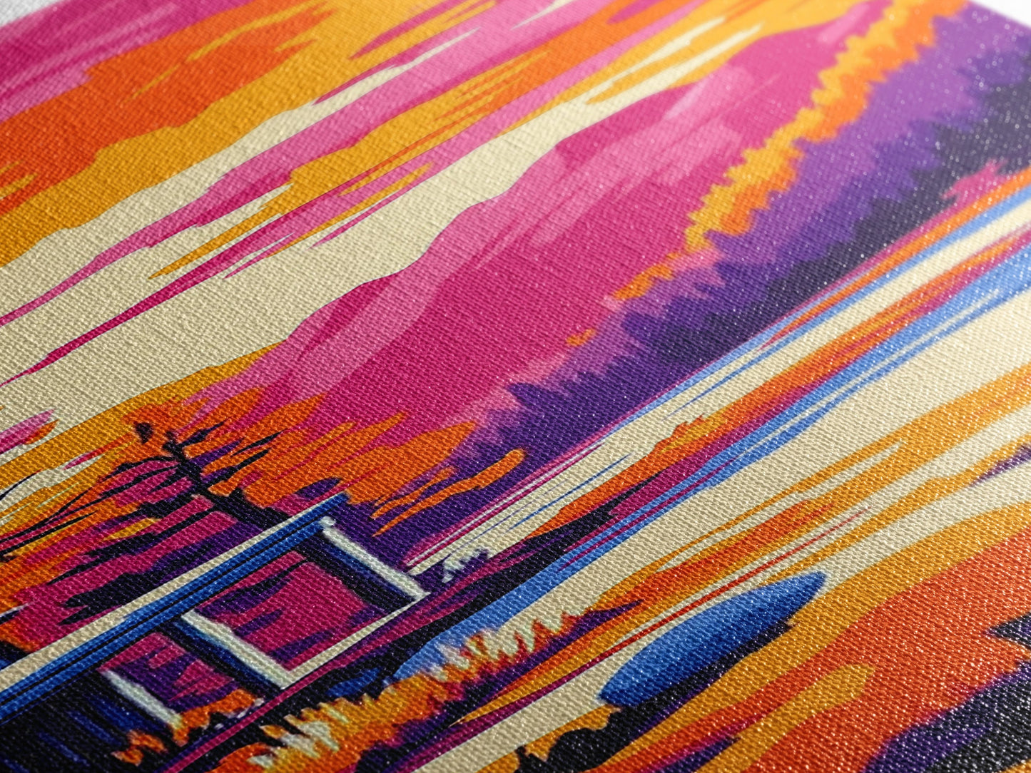 Sonnenuntergangsszene mit Hütte, gerahmter Leinwanddruck, lebendige Berglandschaft, Seelandschaft, gemütliche Hüttendekoration, Naturnahe Wohndekoration, rustikale Wandkunst