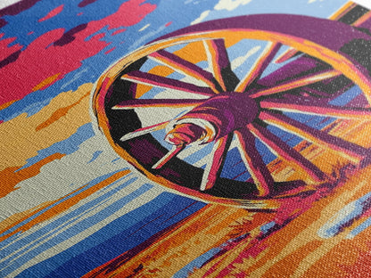 Wagenrad, rustikale Westernkunst, Bauernhausdeko, Ästhetik des Alten Westens, Wanddeko für Zuhause, Kunst fürs Wohnzimmer im Landhausstil, gerahmter Leinwanddruck