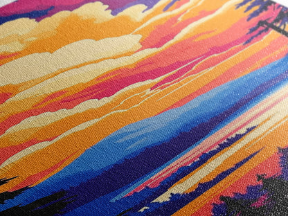 Mountain Glow, Vibrant Landscape Art, Nature Inspired Home Decor, Sunset Reflection Painting, Framed Canvas Print, Cozy Autumn Colors