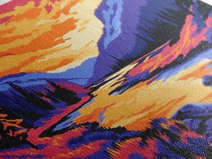 „Bergfluss im Glanz“, Leinwanddruck, Ruhige Landschaftskunst, Lebendige Naturszene, Rustikale Wanddekoration, Wohnzimmerkunst, Hüttenästhetik