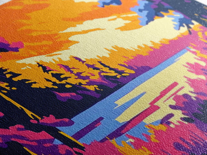 Forest Lake, Autumn Sunset, Vibrant Nature Scene, Rustic Cabin Wall Art, Cozy Home Aesthetic, Framed Canvas Print