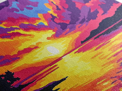 Dramatic Beach Sunset, Vibrant Sky Art, Colorful Coastal Print, Bold Nature Painting, Modern Home Wall Decor, Framed Canvas Print