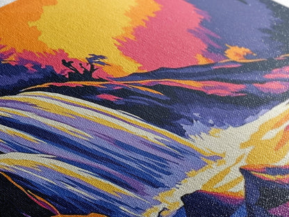 Waterfall, Forest, Autumn Sunset, Peaceful Scenery, Framed Canvas Print, Cabin Retreat, Rustic Home, Relaxing Nature, Vibrant Colors