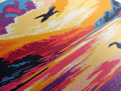 Sunset River, Birds, Framed Canvas Print, Vibrant Nature Art, Wildlife Wall Art, Autumn Landscape, Office Artwork, Colorful Sunset Scene