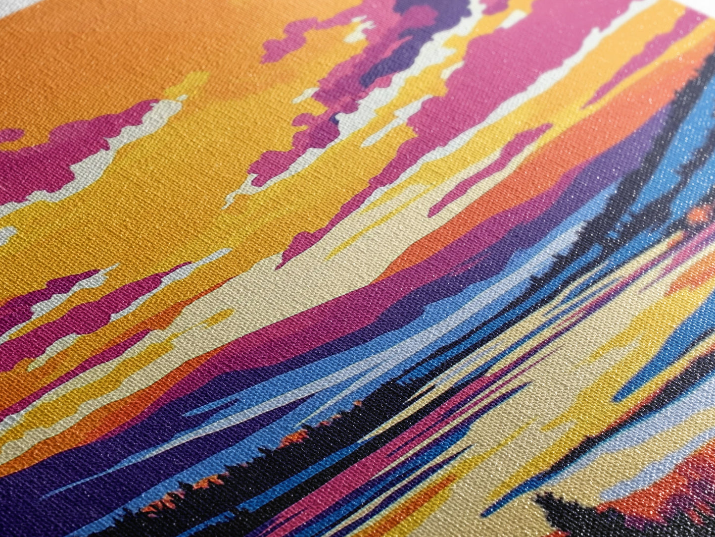 Sunset Valley, Reflection, Framed Canvas Print, Mountain River Art, Vibrant Landscape, Living Room Wall Art, Rustic Home Decor