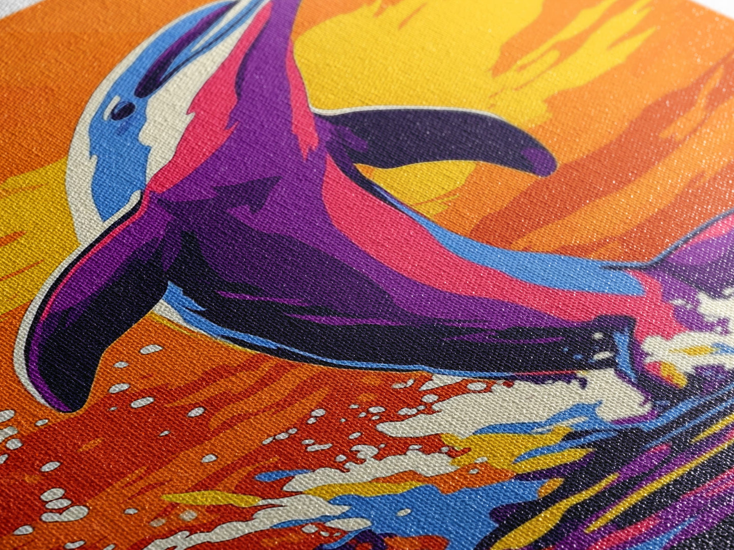 Dolphin Ocean, Sunset, Framed Canvas Print, Vibrant Sea Life Art, Beach House Decor, Coastal Living Art, Sunset Painting, Nautical Theme