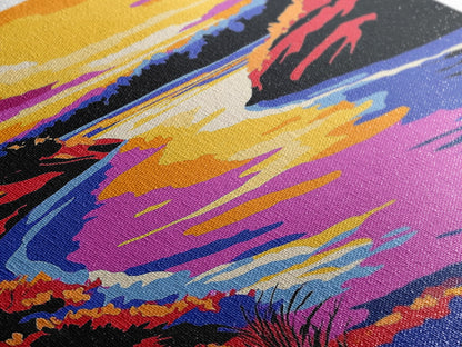 Sunset River Bend, Vibrant Landscape, Colorful Sky, Bold Nature, Framed Canvas Print, Living Room Art, Rustic Wall Decor, Boho Landscape