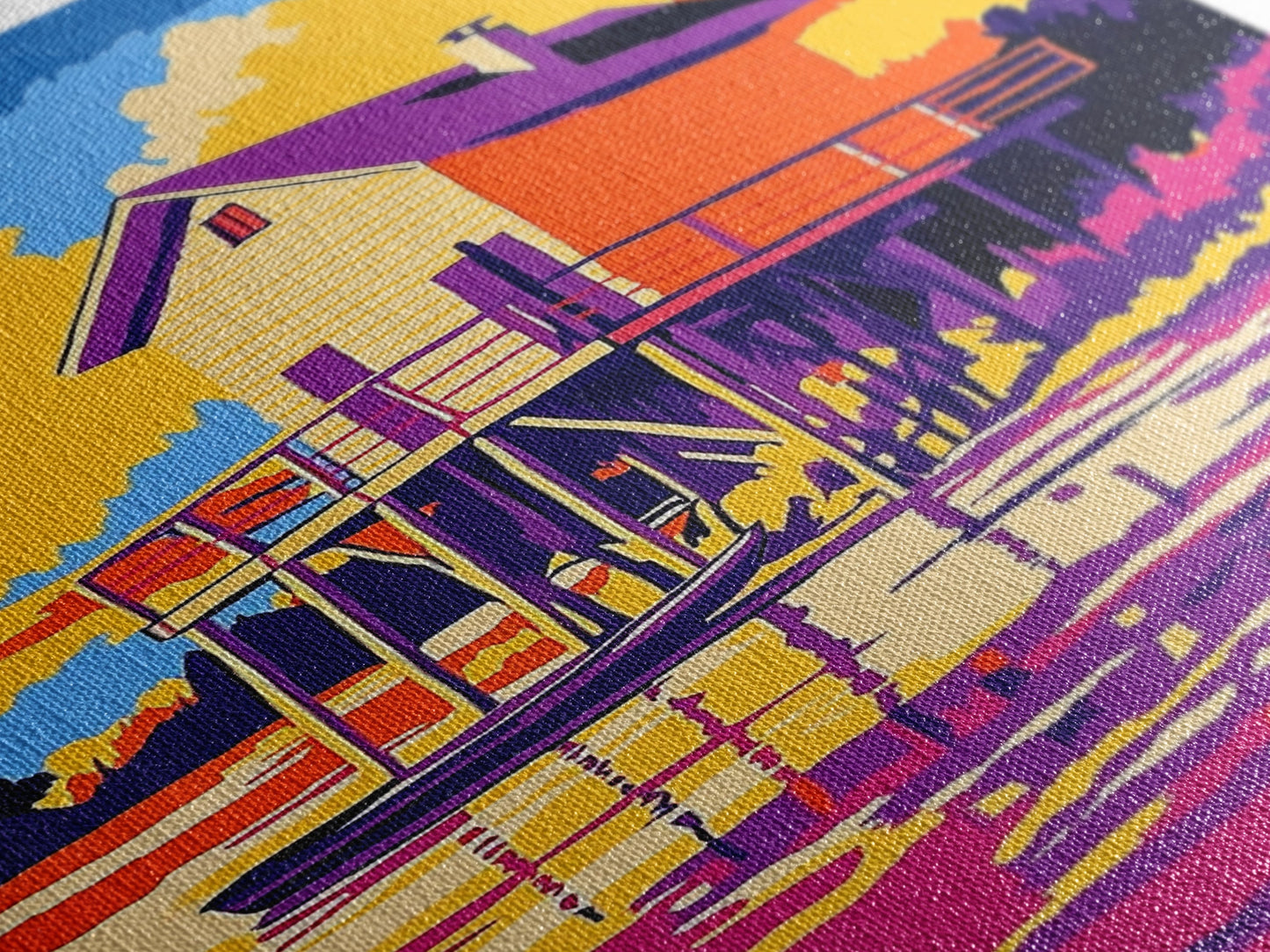 Sunset Cabin, Lake House, Scenic Art, Framed Canvas Print, Colorful Wall Art, Rustic Decor, Nature Painting, Living Room Wall Art