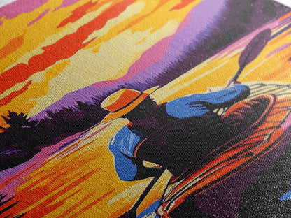 Kayaker Journey, Scenic River Painting, Vibrant Water Art, Framed Canvas Print, Adventure Wall Decor, Nature Lover Art, Sports Wall Art