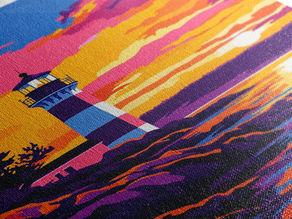 Leuchtturm, Sonnenuntergang, Küste, Meereslandschaft, gerahmter Leinwanddruck, nautische Dekoration, Wandbild fürs Strandhaus, lebendiges Ozeangemälde, Wohnzimmerkunst