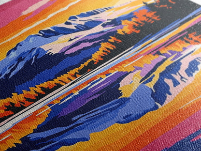 Hoch aufragende Kiefern, goldener Schein, majestätische Bäume, gerahmter Leinwanddruck, Naturgemälde, Waldlandschaft, Herbstliche Wanddekoration, Wohnzimmerdeko